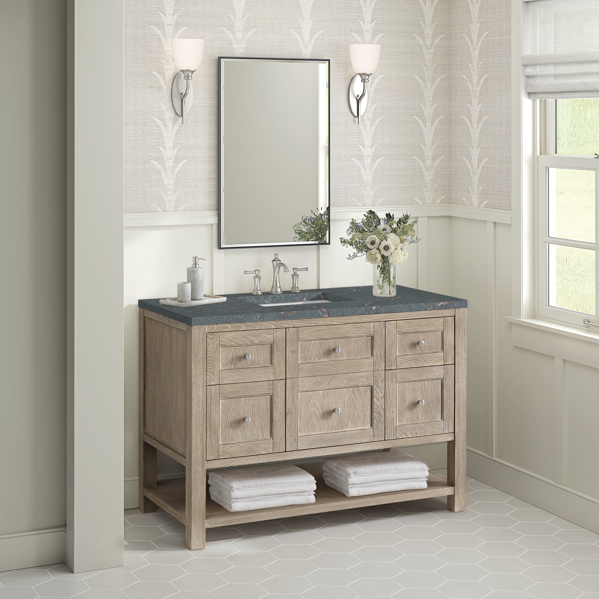 James Martin Vanities Breckenridge 48" Whitewashed Oak Single Vanity With 3 cm Parisien Bleu Silestone Top and FreePower Wireless Charger