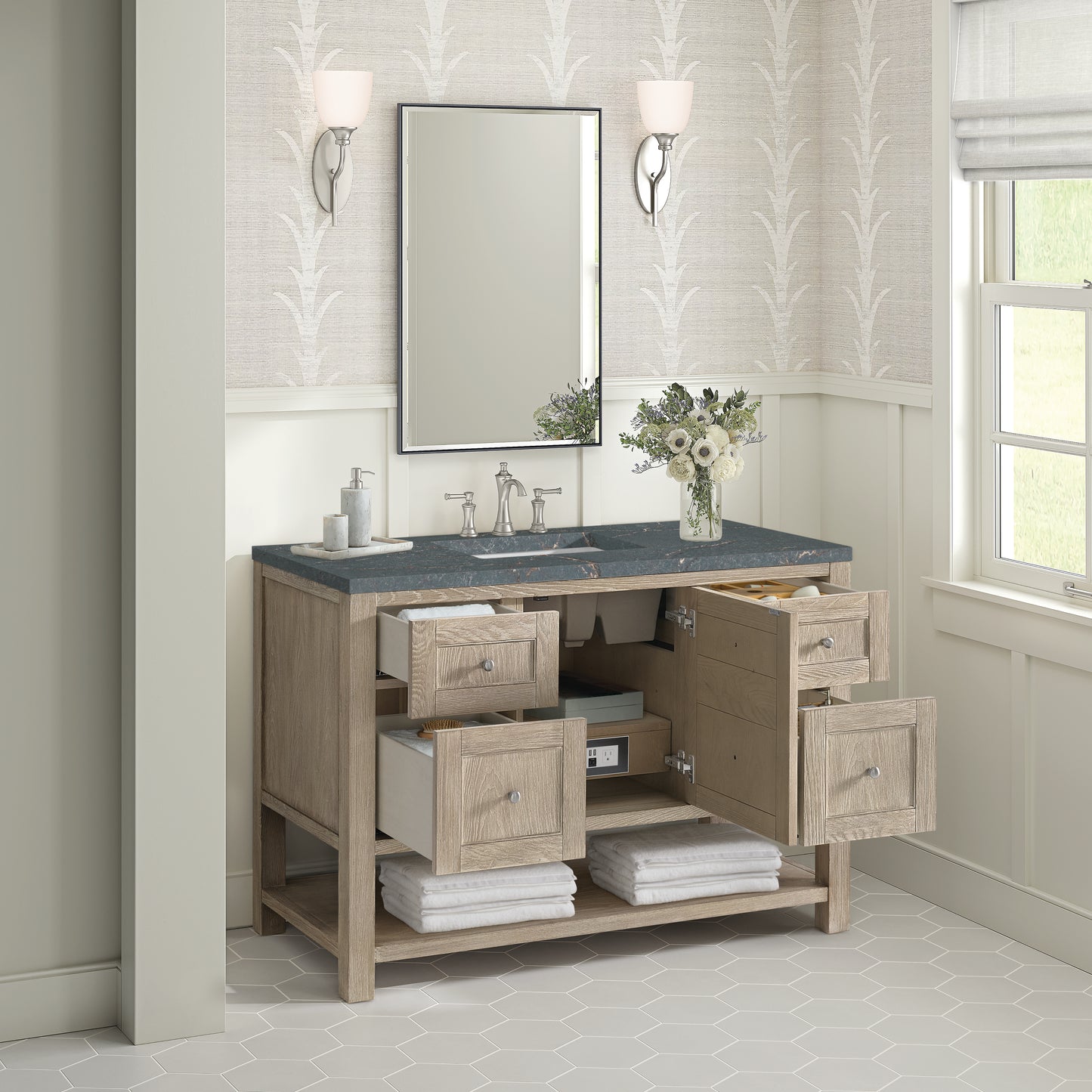 James Martin Vanities Breckenridge 48" Whitewashed Oak Single Vanity With 3 cm Parisien Bleu Silestone Top and FreePower Wireless Charger