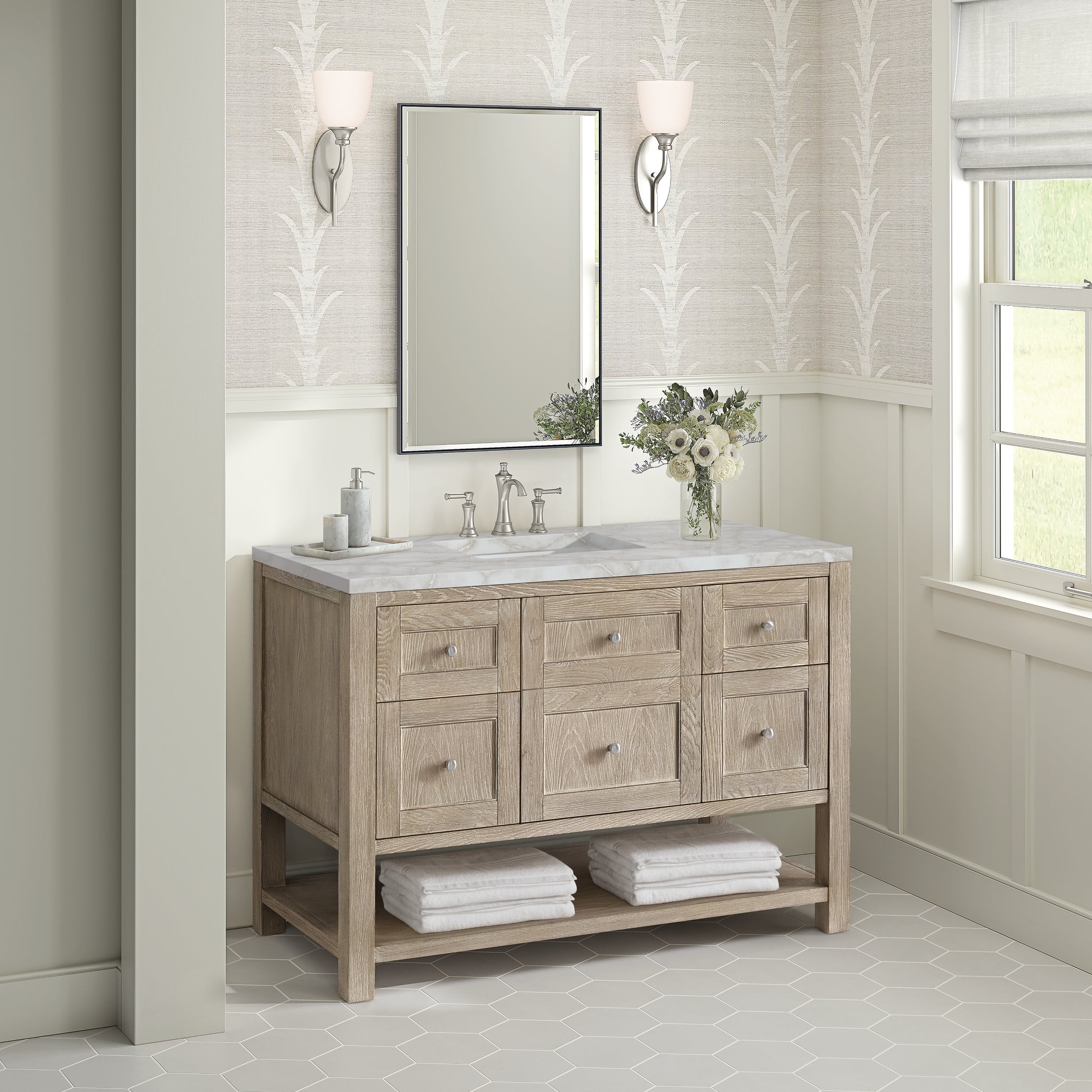James Martin Vanities Breckenridge 48" Whitewashed Oak Single Vanity With 3 cm Victorian Silver Silestone Top and FreePower Wireless Charger