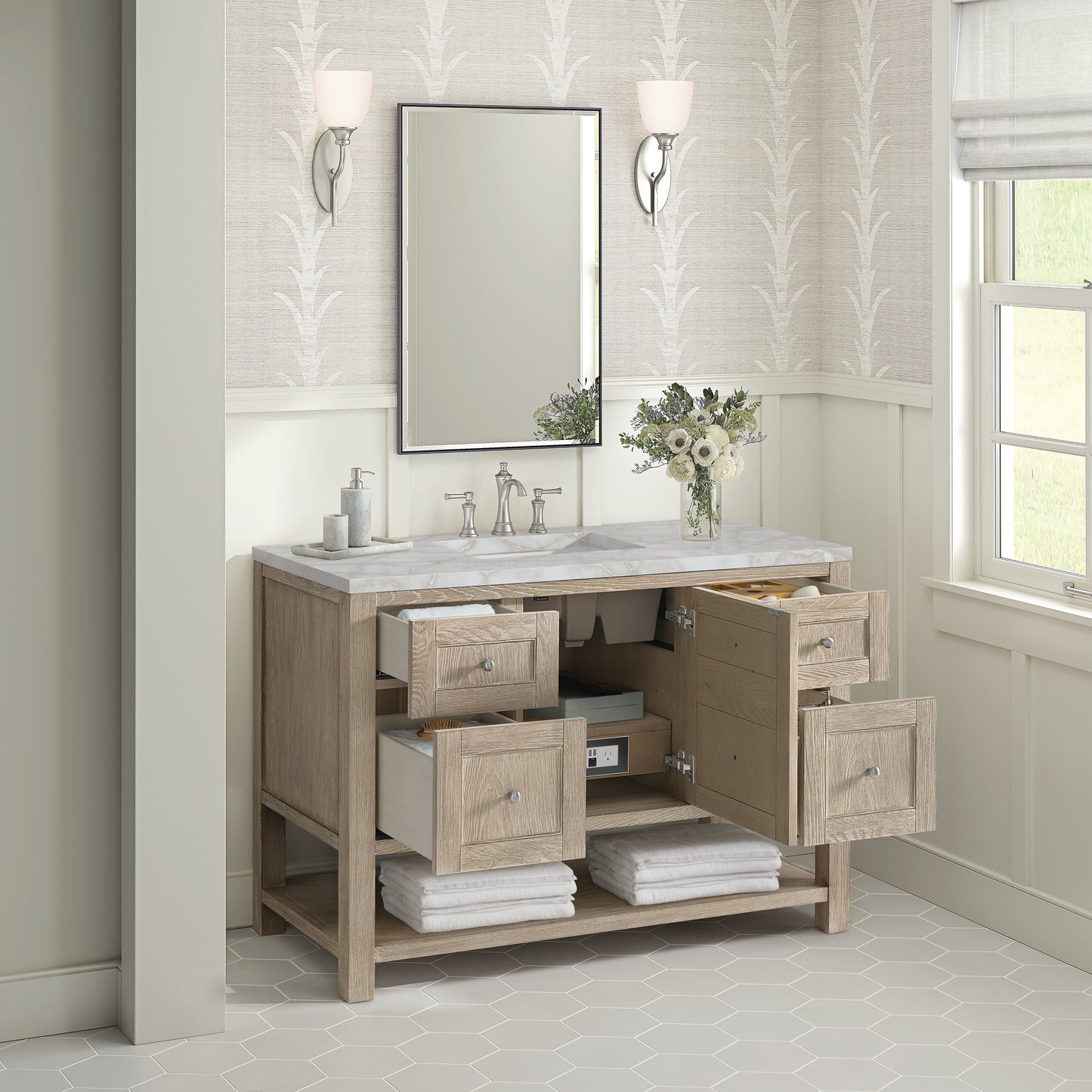 James Martin Vanities Breckenridge 48" Whitewashed Oak Single Vanity With 3 cm Victorian Silver Silestone Top and FreePower Wireless Charger