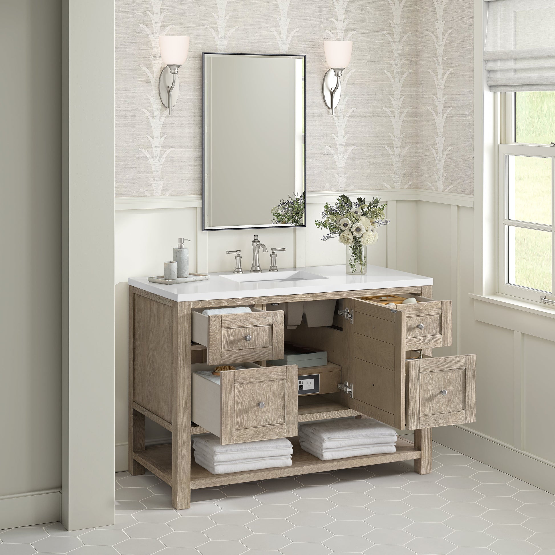 James Martin Vanities Breckenridge 48" Whitewashed Oak Single Vanity With 3 cm White Zeus Quartz Top