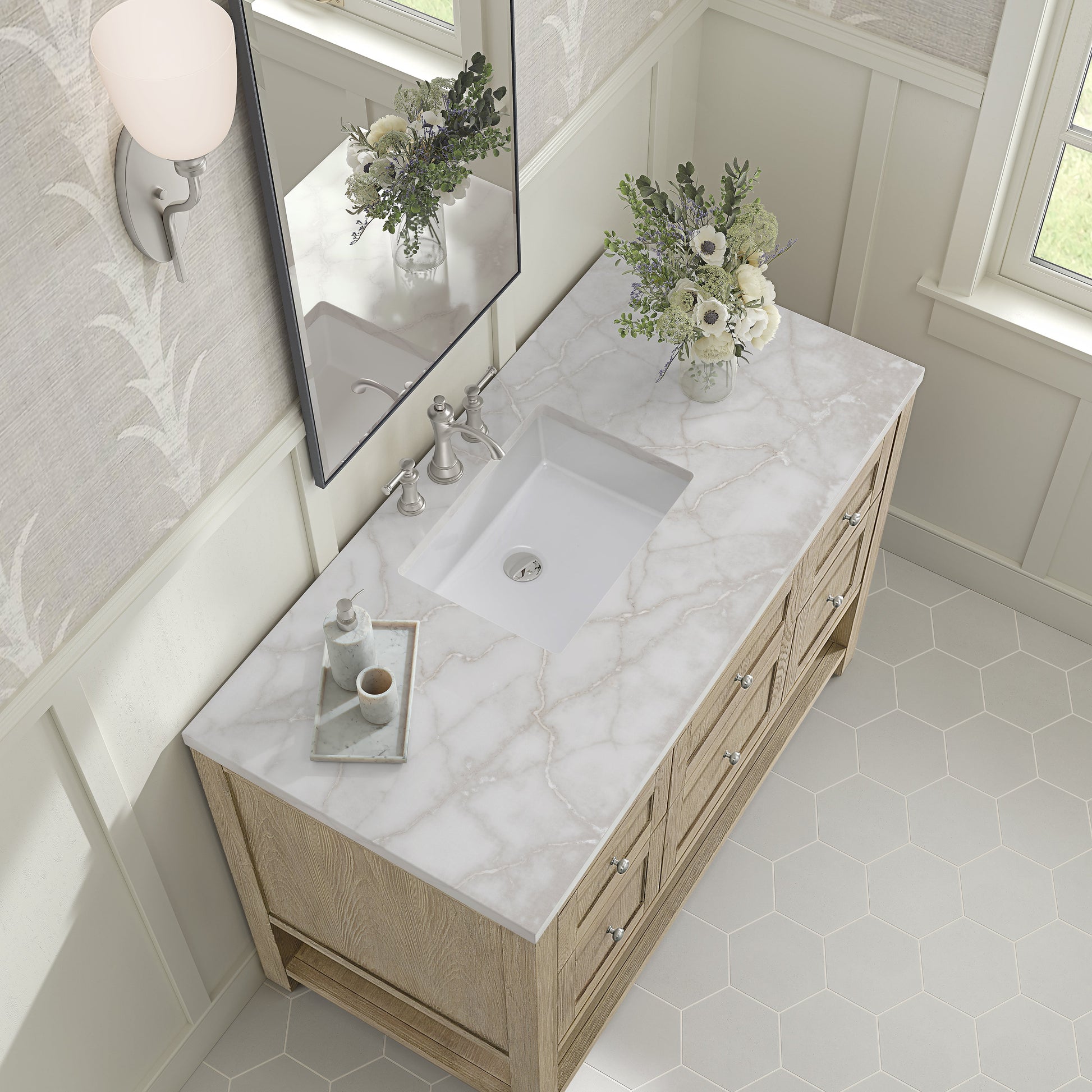 James Martin Vanities Breckenridge 48" Whitewashed Oak Single Vanity With 3 cm White Zeus Quartz Top