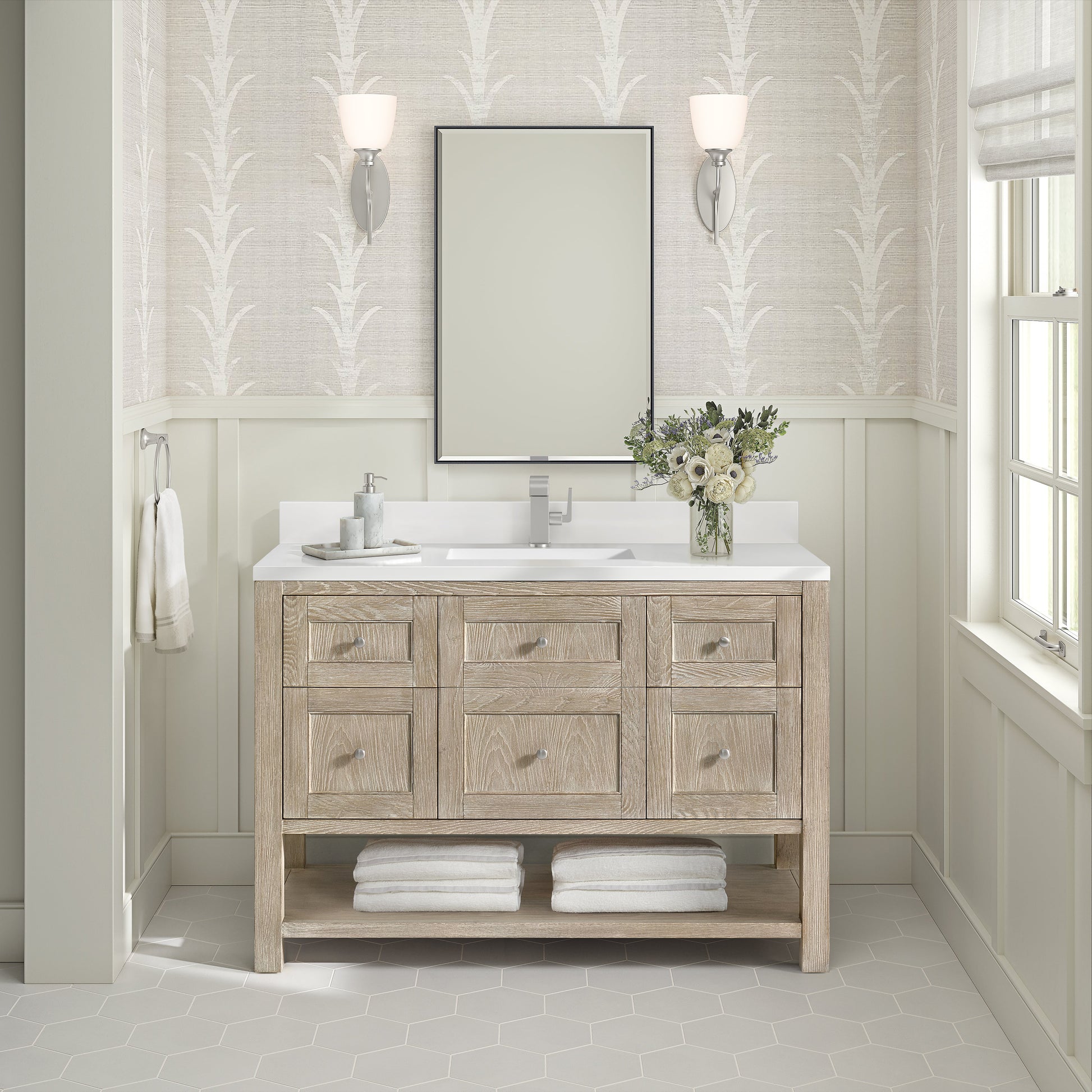 James Martin Vanities Breckenridge 48" Whitewashed Oak Single Vanity With Single Hole 3CM White Zeus Quartz Top & Backsplash