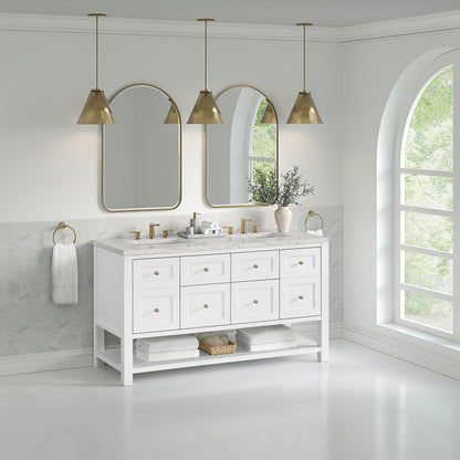 James Martin Vanities Breckenridge 60" Bright White Double Vanity With 3 cm Eternal Jasmine Pearl Quartz Top and FreePower Wireless Charger