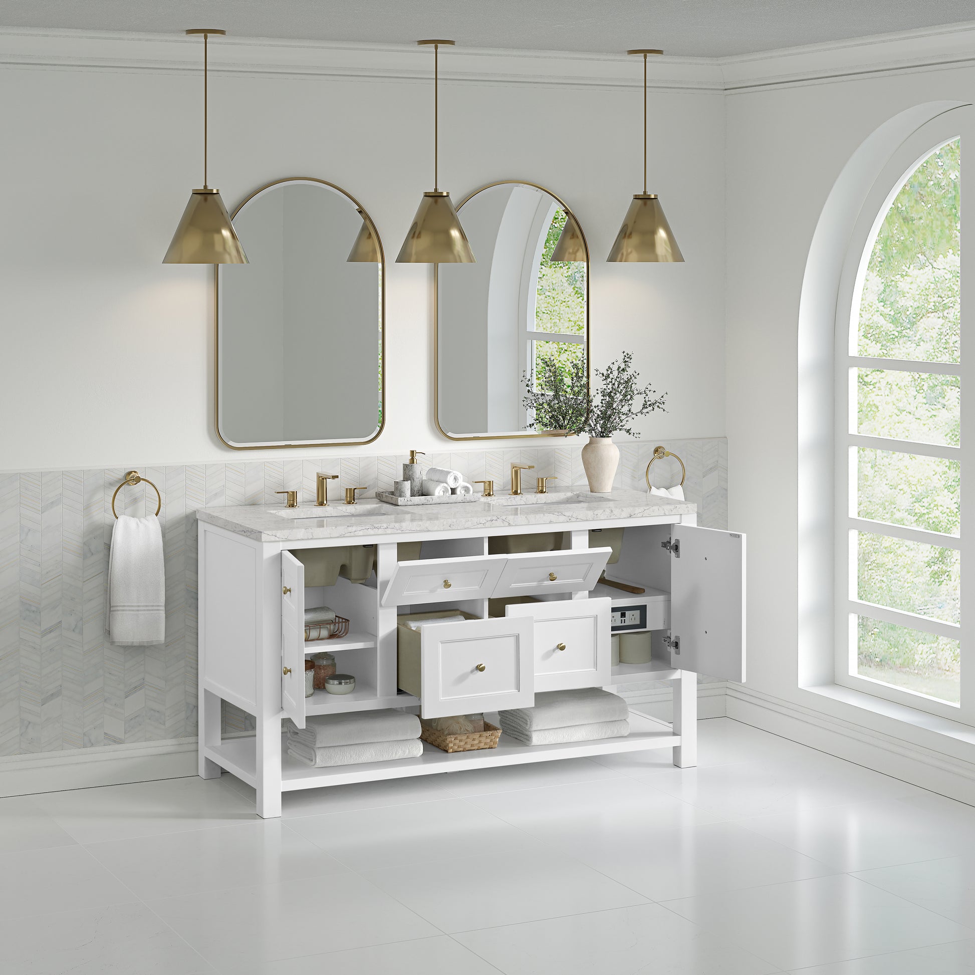 James Martin Vanities Breckenridge 60" Bright White Double Vanity With 3 cm Eternal Jasmine Pearl Quartz Top and FreePower Wireless Charger