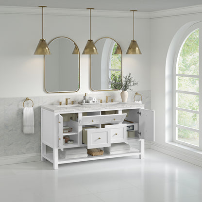 James Martin Vanities Breckenridge 60" Bright White Double Vanity With 3 cm Eternal Jasmine Pearl Quartz Top and FreePower Wireless Charger