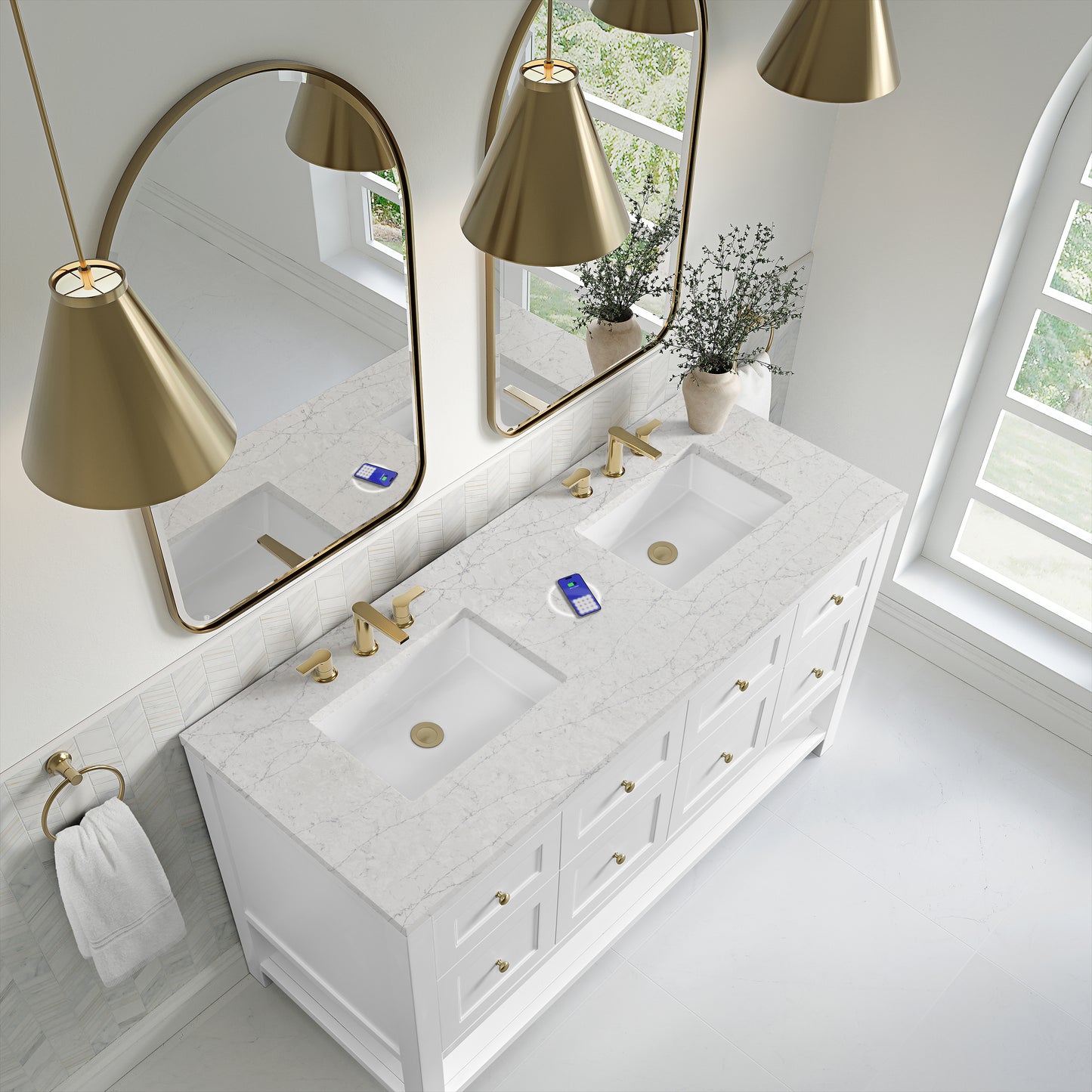 James Martin Vanities Breckenridge 60" Bright White Double Vanity With 3 cm Eternal Jasmine Pearl Quartz Top and FreePower Wireless Charger
