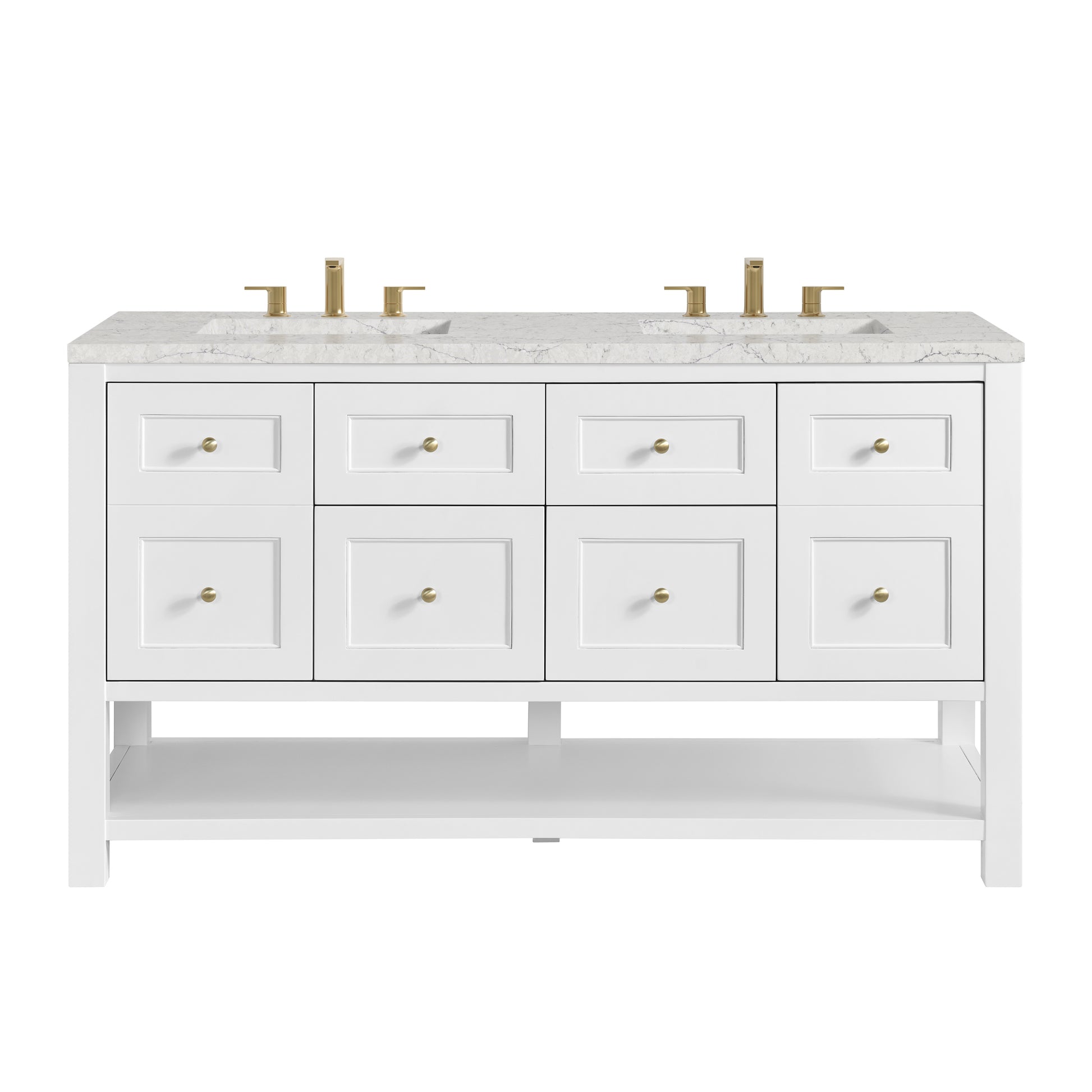 James Martin Vanities Breckenridge 60" Bright White Double Vanity With 3 cm Eternal Jasmine Pearl Quartz Top and FreePower Wireless Charger