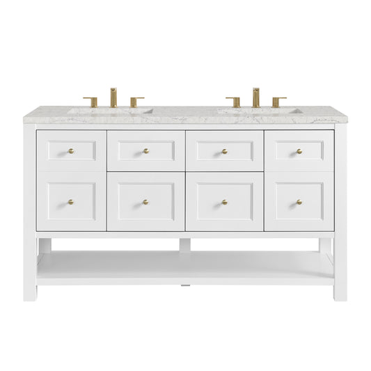 James Martin Vanities Breckenridge 60" Bright White Double Vanity With 3 cm Eternal Jasmine Pearl Quartz Top and FreePower Wireless Charger