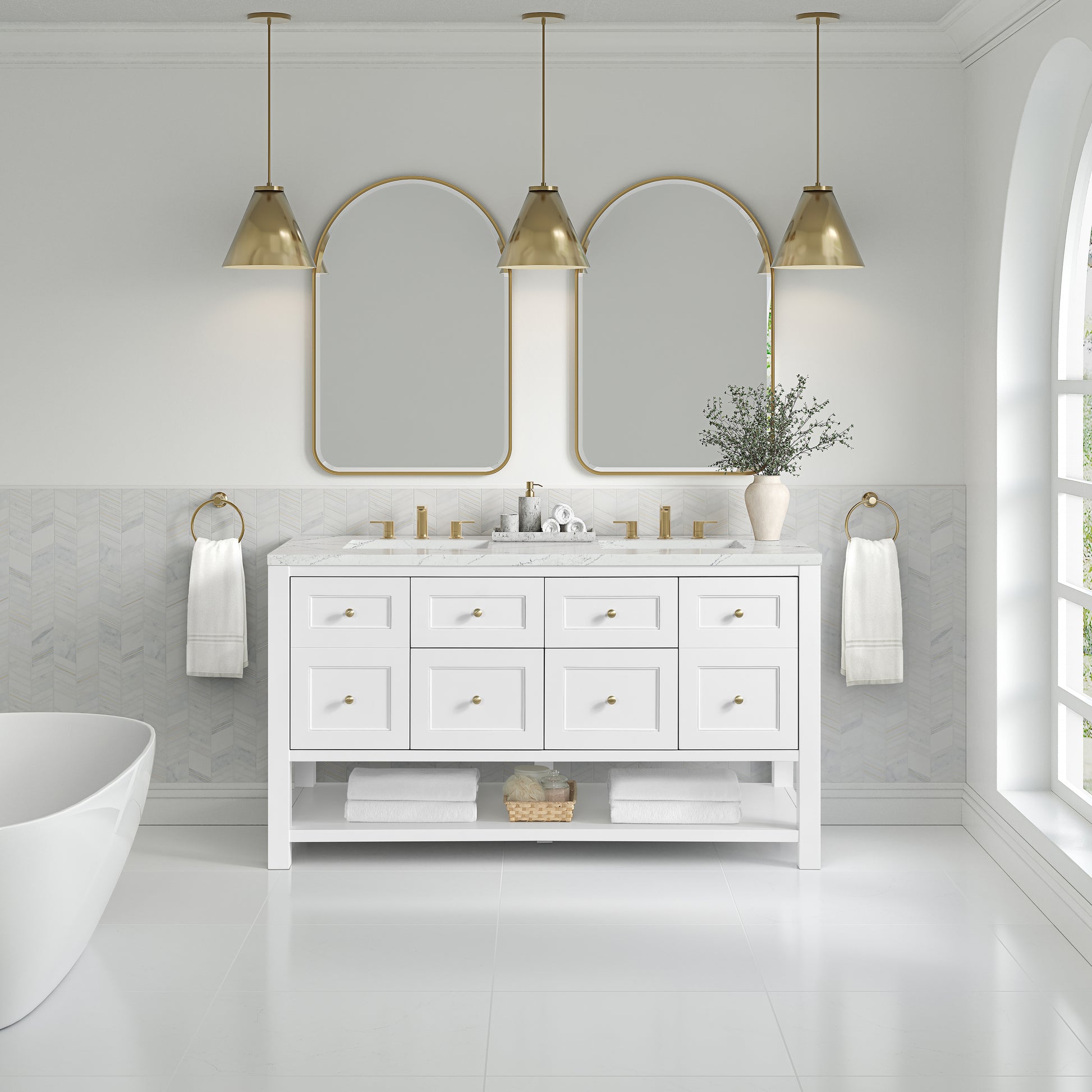James Martin Vanities Breckenridge 60" Bright White Double Vanity With 3 cm Ethereal Noctis Quartz Top and FreePower Wireless Charger