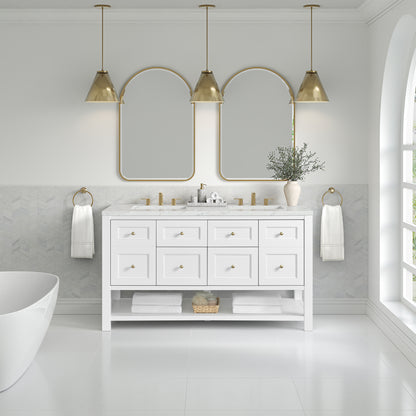 James Martin Vanities Breckenridge 60" Bright White Double Vanity With 3 cm Ethereal Noctis Quartz Top and FreePower Wireless Charger