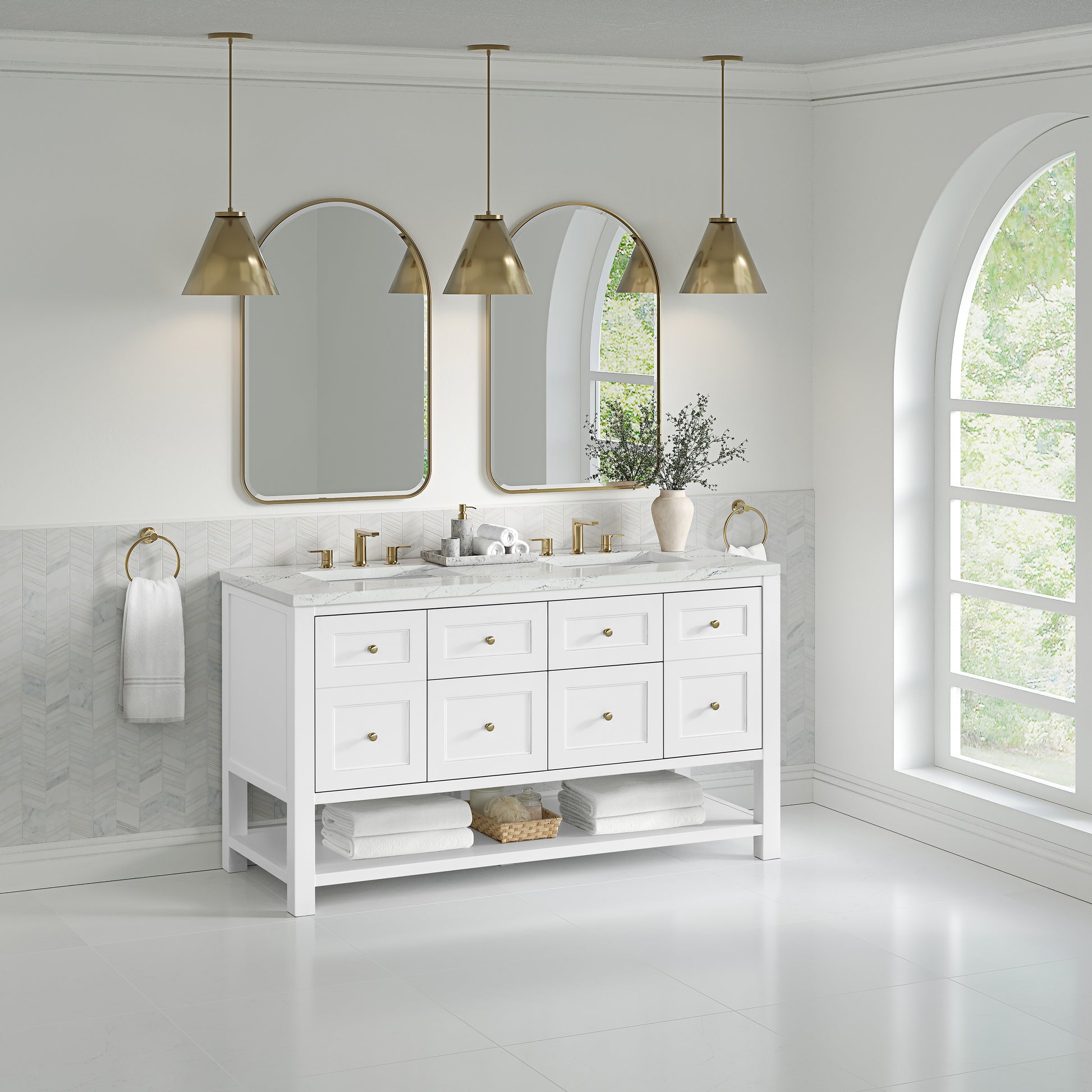 James Martin Vanities Breckenridge 60" Bright White Double Vanity With 3 cm Ethereal Noctis Quartz Top and FreePower Wireless Charger