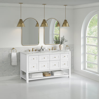 James Martin Vanities Breckenridge 60" Bright White Double Vanity With 3 cm Ethereal Noctis Quartz Top and FreePower Wireless Charger