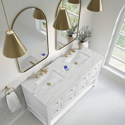 James Martin Vanities Breckenridge 60" Bright White Double Vanity With 3 cm Ethereal Noctis Quartz Top and FreePower Wireless Charger