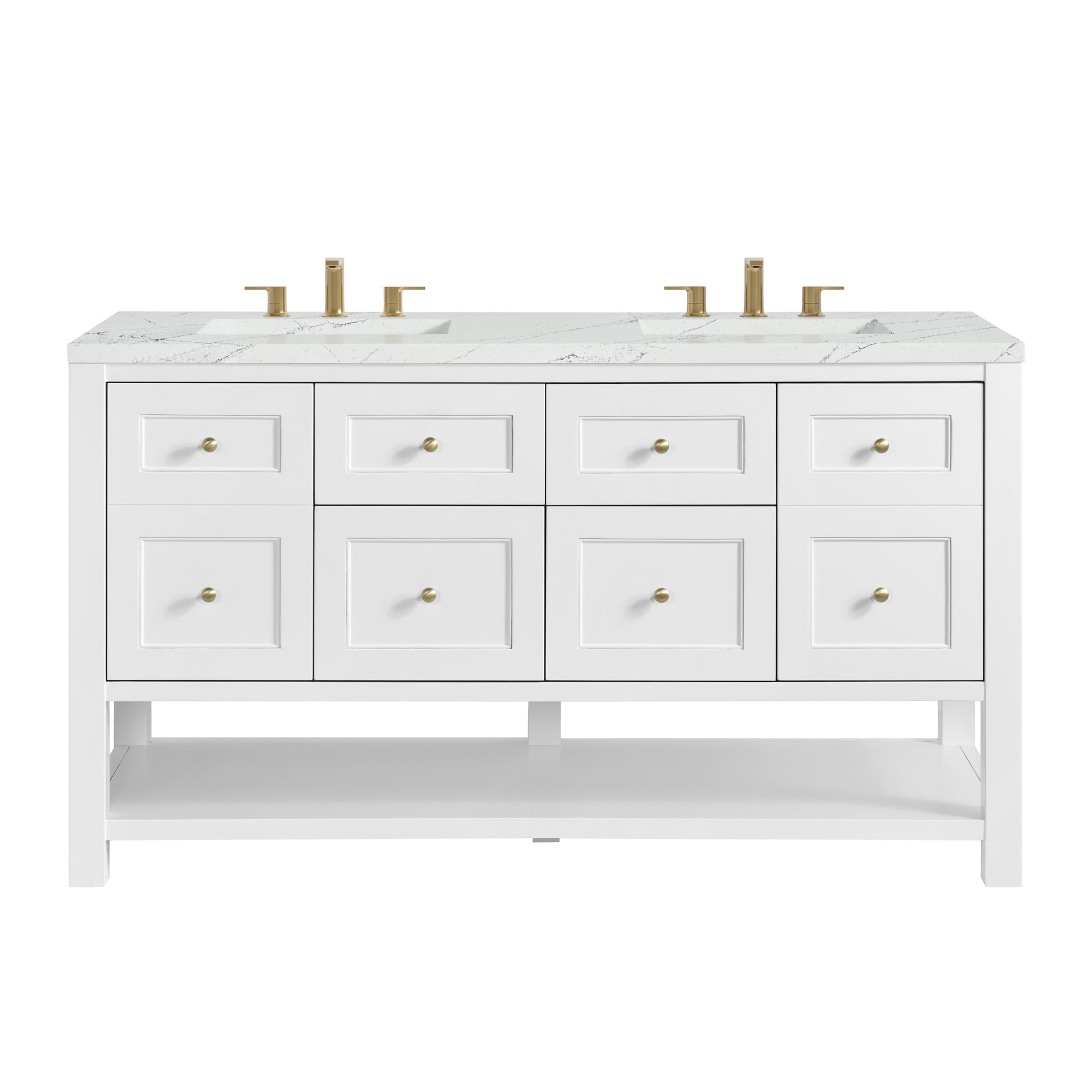 James Martin Vanities Breckenridge 60" Bright White Double Vanity With 3 cm Ethereal Noctis Quartz Top and FreePower Wireless Charger