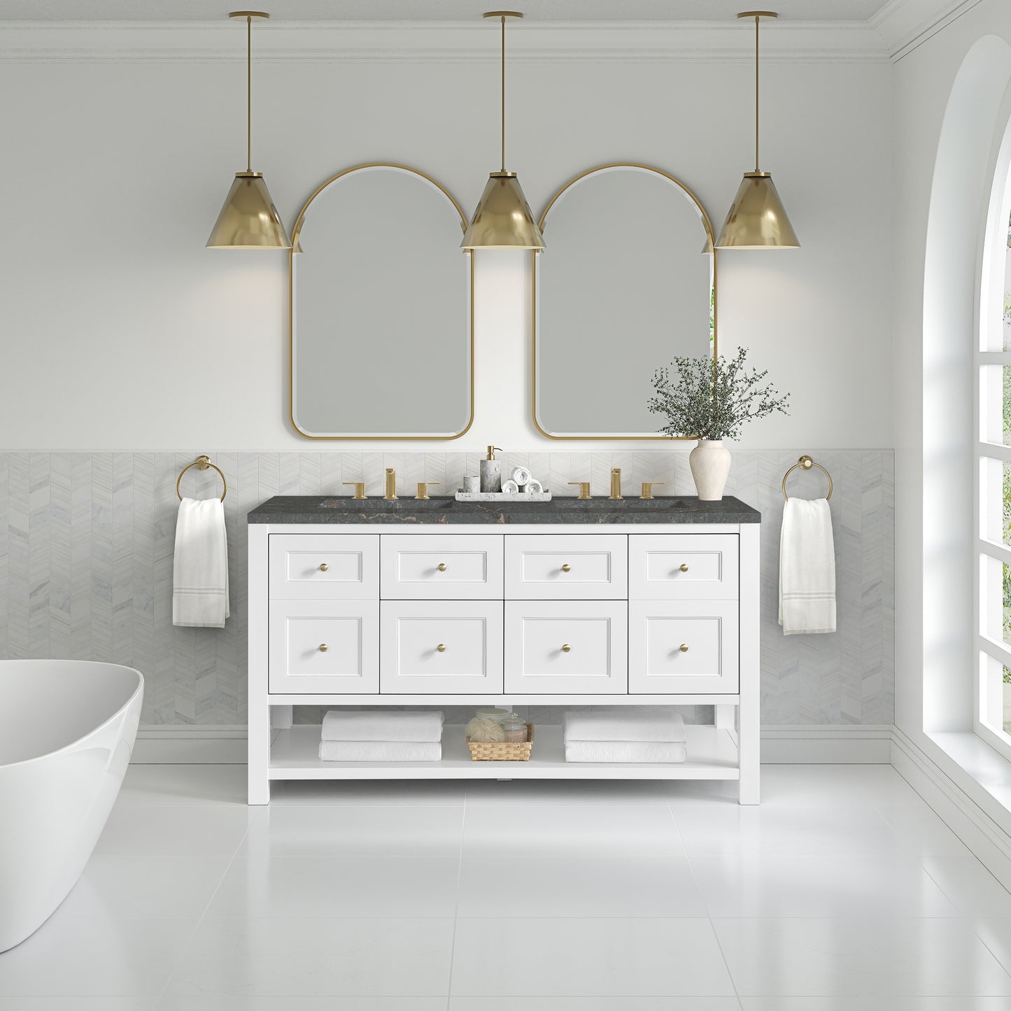 James Martin Vanities Breckenridge 60" Bright White Double Vanity With 3 cm Parisien Bleu Quartz Top and FreePower Wireless Charger