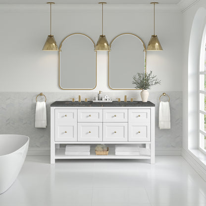 James Martin Vanities Breckenridge 60" Bright White Double Vanity With 3 cm Parisien Bleu Quartz Top and FreePower Wireless Charger