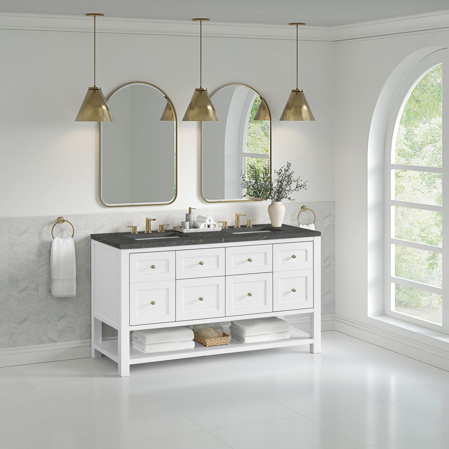 James Martin Vanities Breckenridge 60" Bright White Double Vanity With 3 cm Parisien Bleu Quartz Top and FreePower Wireless Charger