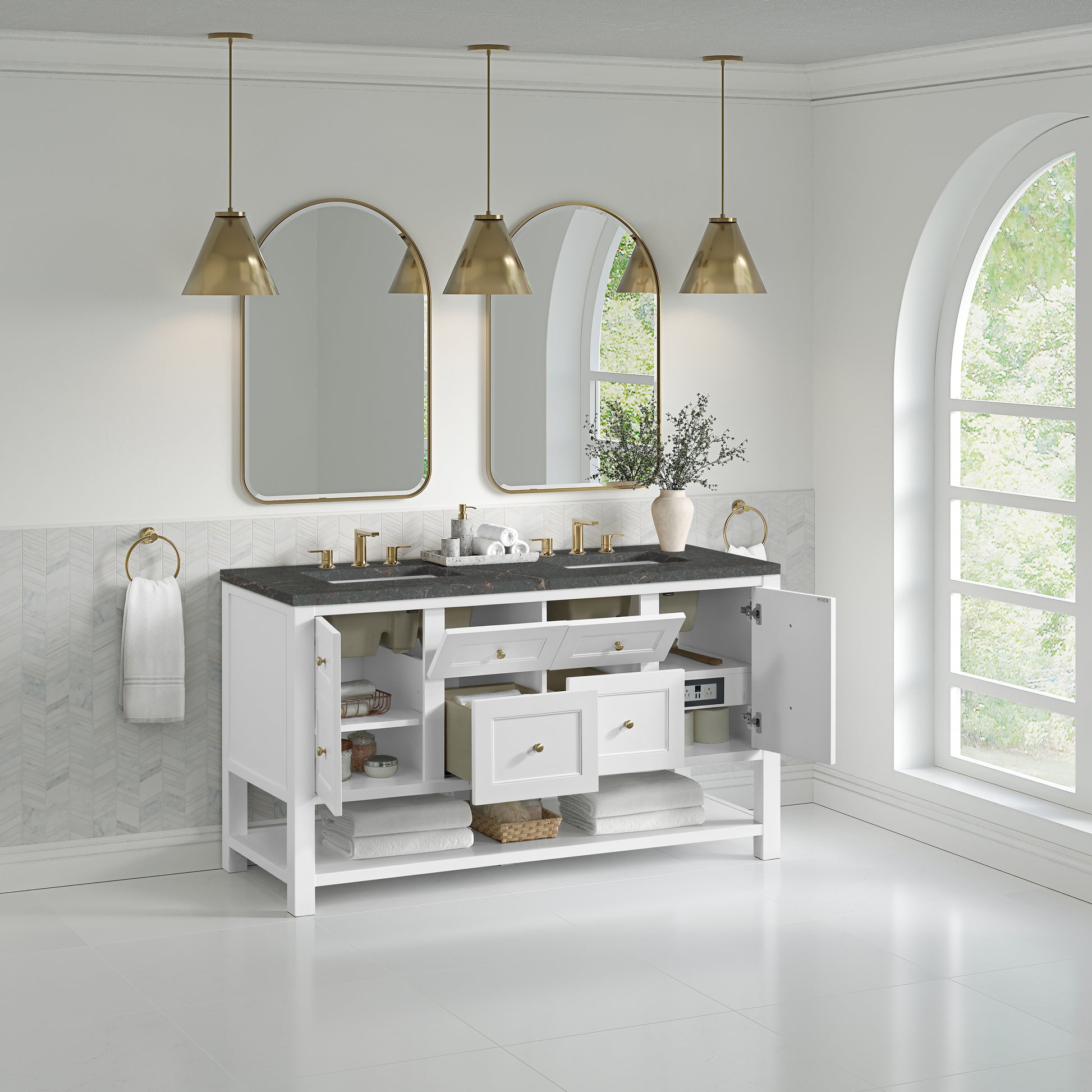 James Martin Vanities Breckenridge 60" Bright White Double Vanity With 3 cm Parisien Bleu Quartz Top and FreePower Wireless Charger