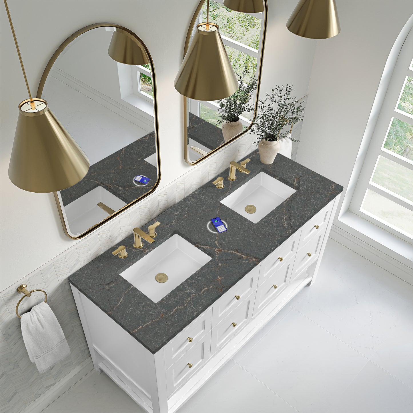 James Martin Vanities Breckenridge 60" Bright White Double Vanity With 3 cm Parisien Bleu Quartz Top and FreePower Wireless Charger
