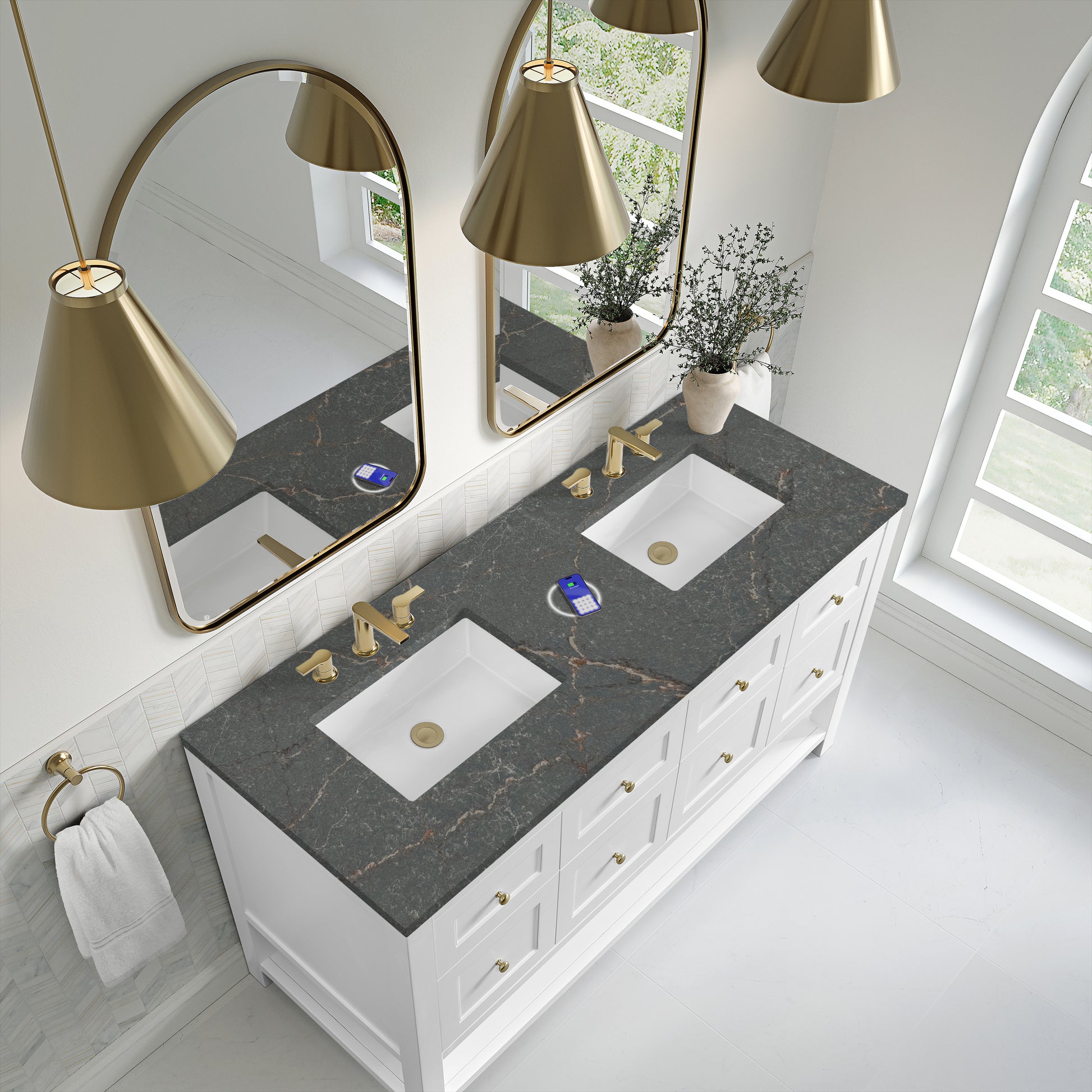 James Martin Vanities Breckenridge 60" Bright White Double Vanity With 3 cm Parisien Bleu Quartz Top and FreePower Wireless Charger