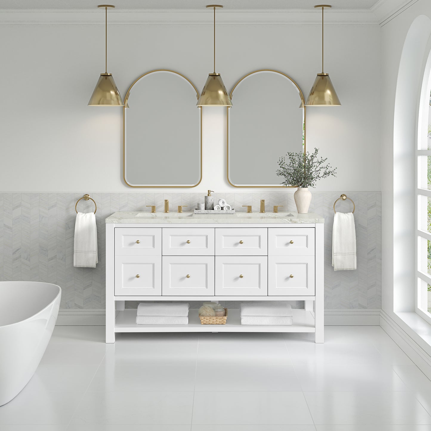 James Martin Vanities Breckenridge 60" Bright White Double Vanity With 3 cm Victorian Silver Quartz Top and FreePower Wireless Charger