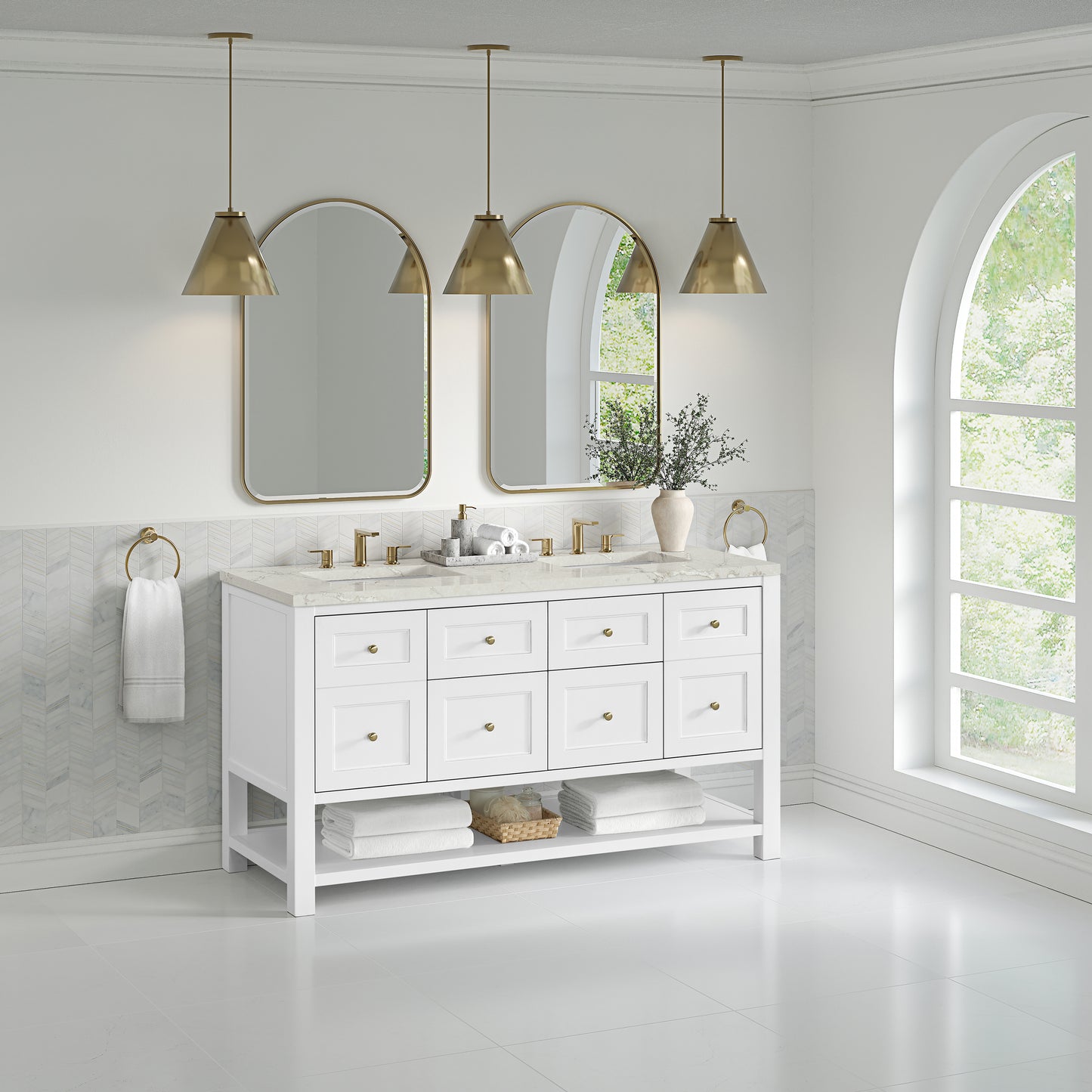 James Martin Vanities Breckenridge 60" Bright White Double Vanity With 3 cm Victorian Silver Quartz Top and FreePower Wireless Charger