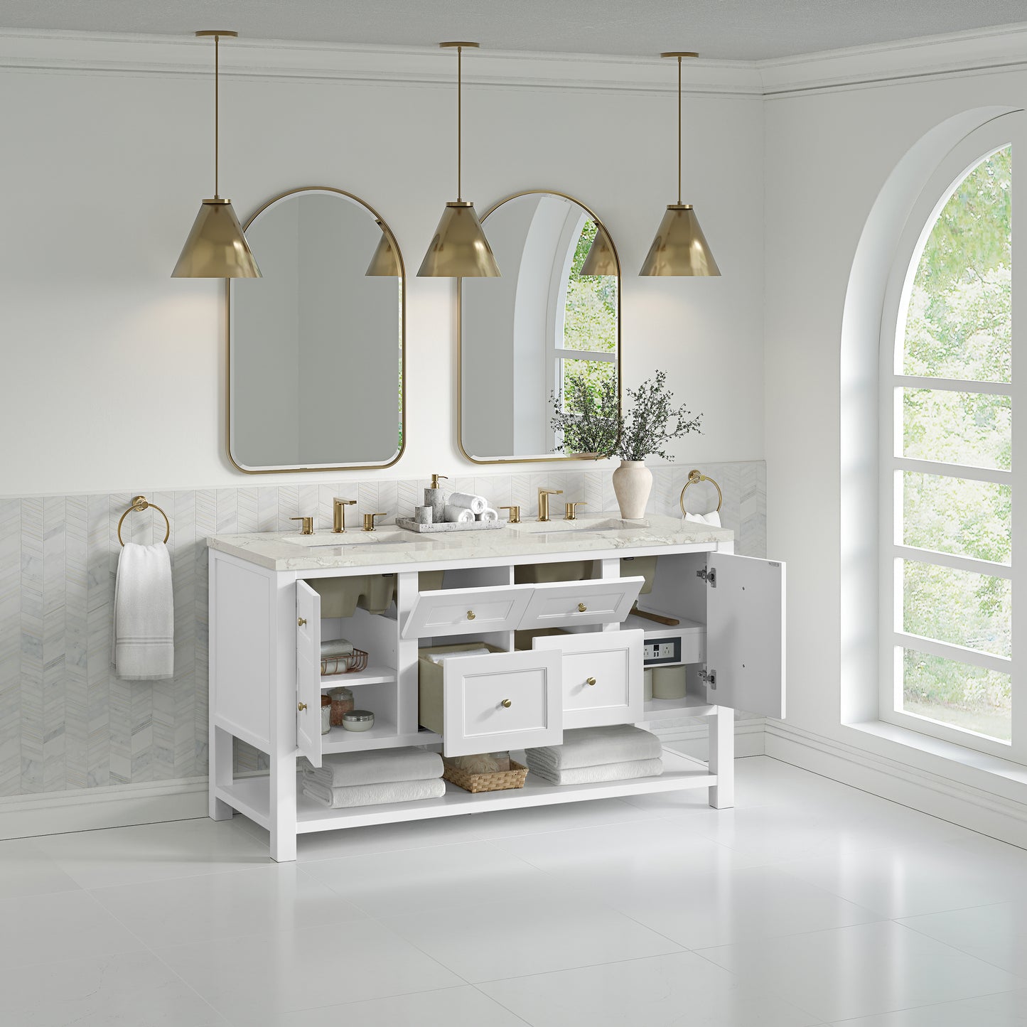 James Martin Vanities Breckenridge 60" Bright White Double Vanity With 3 cm Victorian Silver Quartz Top and FreePower Wireless Charger