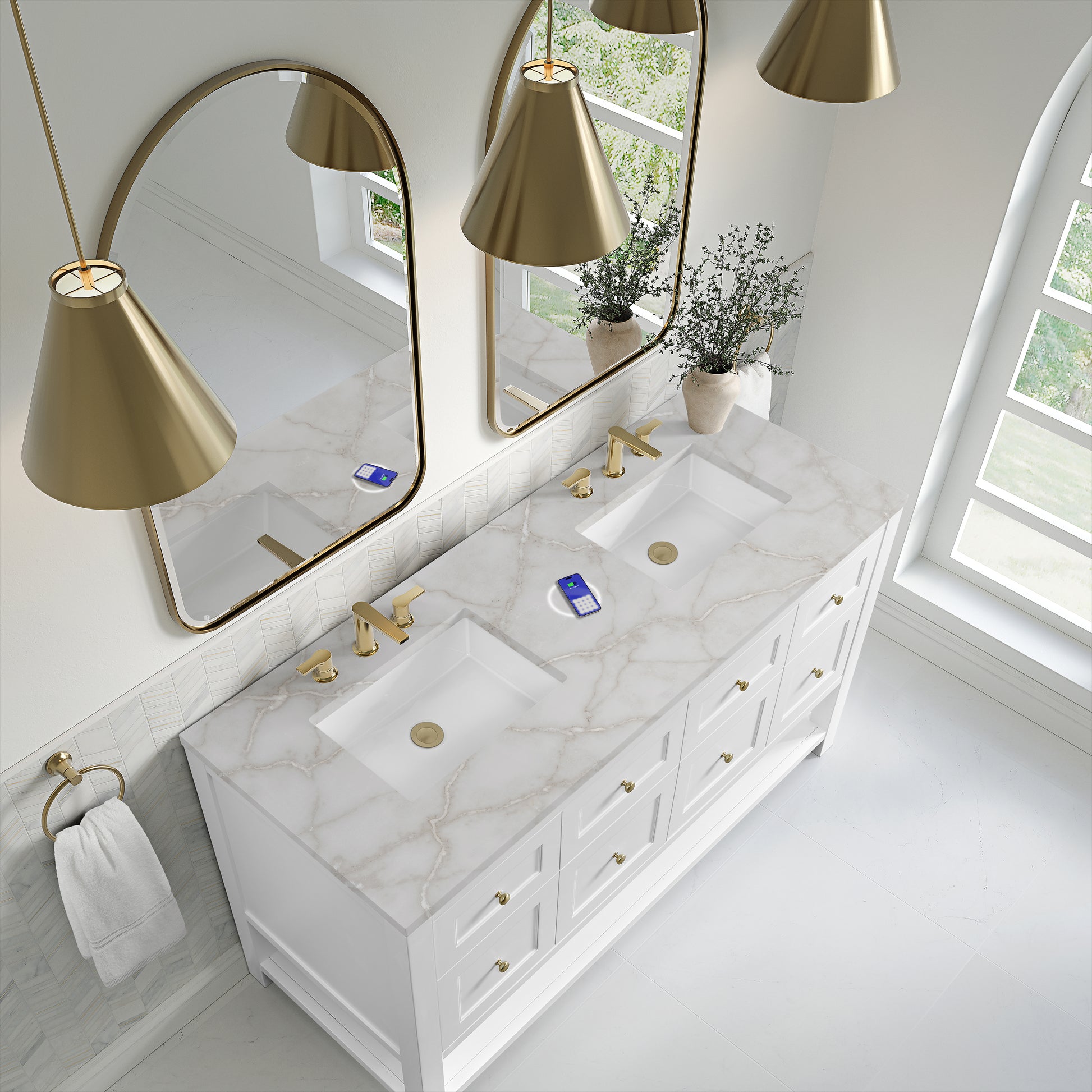 James Martin Vanities Breckenridge 60" Bright White Double Vanity With 3 cm Victorian Silver Quartz Top and FreePower Wireless Charger