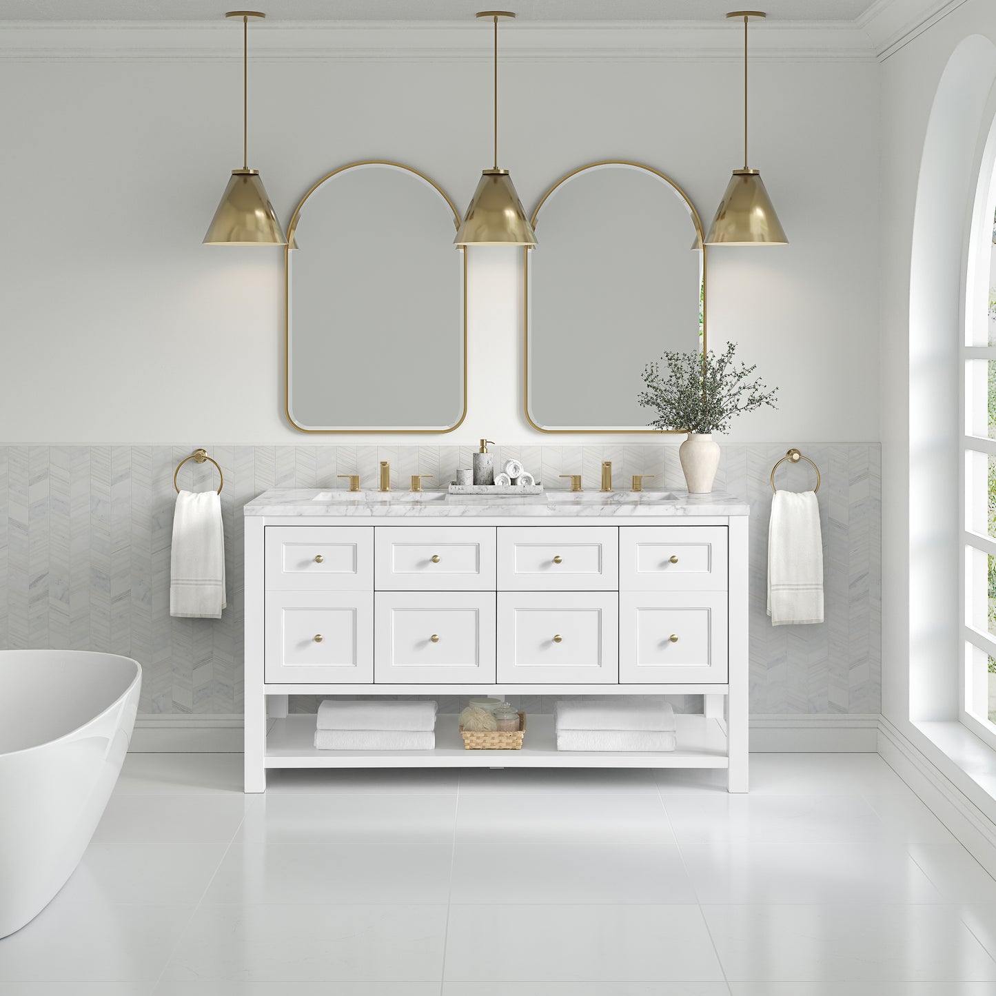 James Martin Vanities Breckenridge 60" Bright White Double Vanity With 3cm Carrara Marble Top