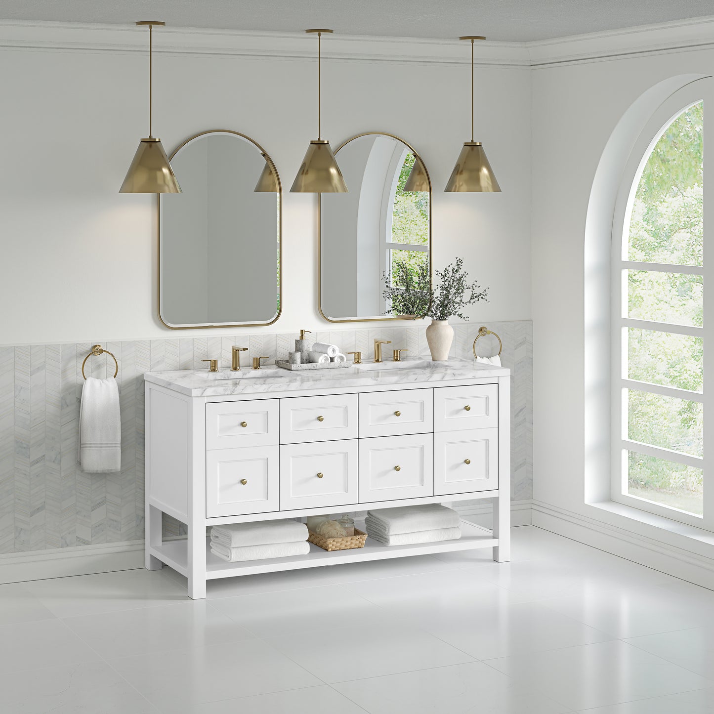 James Martin Vanities Breckenridge 60" Bright White Double Vanity With 3cm Carrara Marble Top