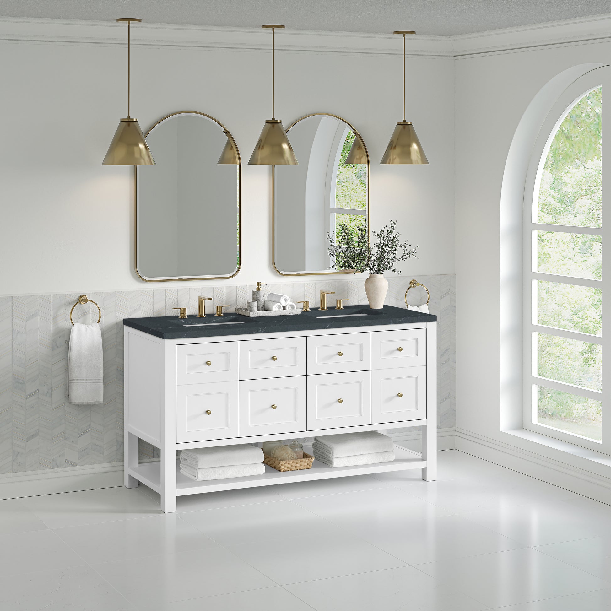James Martin Vanities Breckenridge 60" Bright White Double Vanity With 3cm Charcoal Soapstone Quartz Top