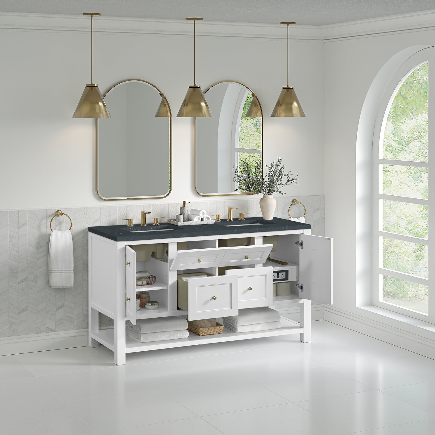 James Martin Vanities Breckenridge 60" Bright White Double Vanity With 3cm Charcoal Soapstone Quartz Top