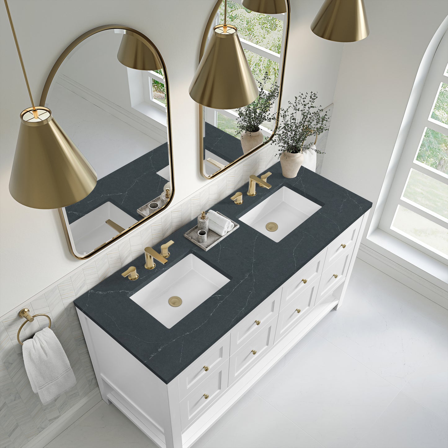 James Martin Vanities Breckenridge 60" Bright White Double Vanity With 3cm Charcoal Soapstone Quartz Top