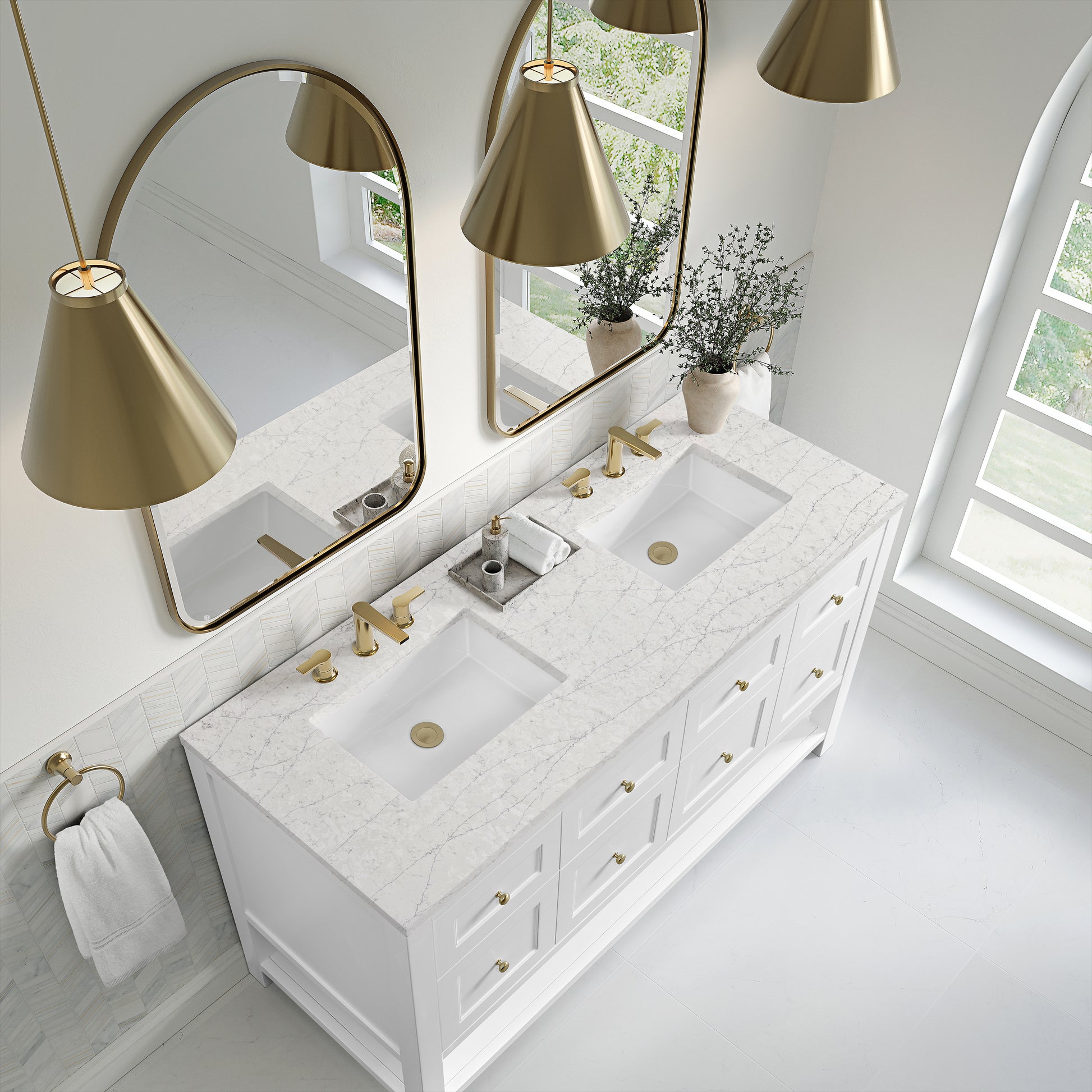 James Martin Vanities Breckenridge 60" Bright White Double Vanity With 3cm Eternal Jasmine Pearl Quartz Top
