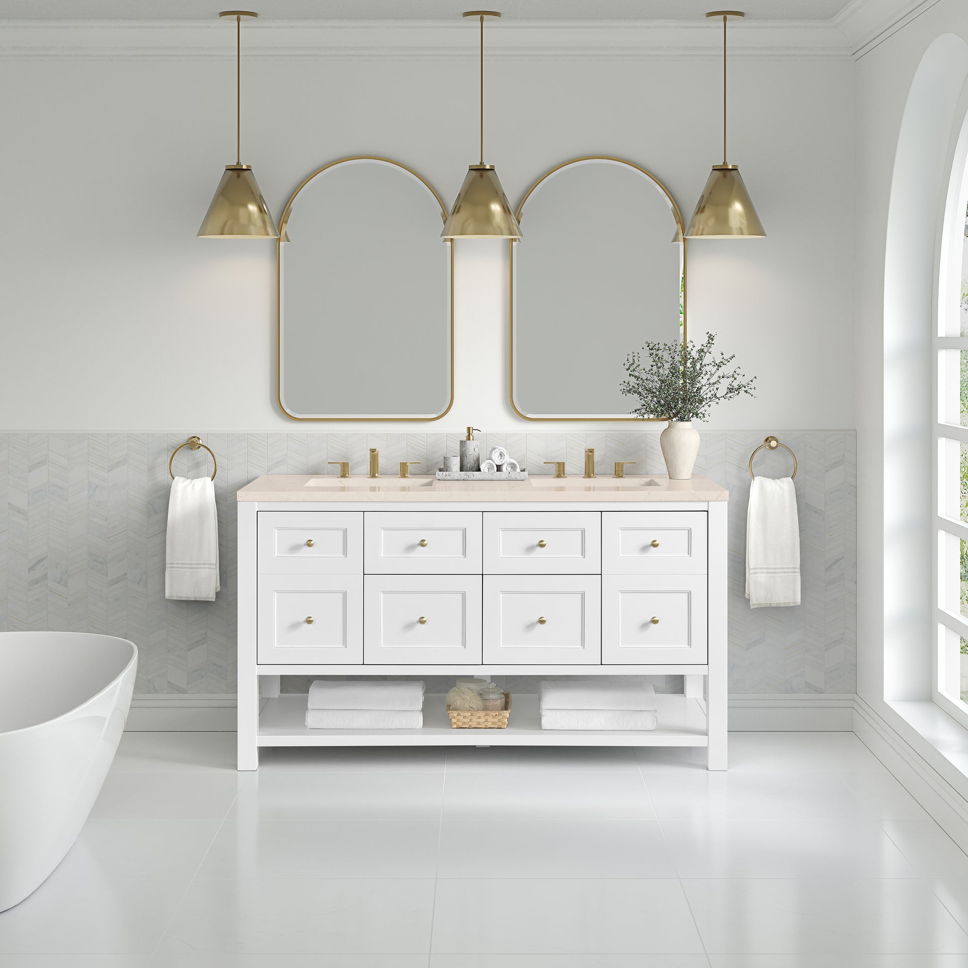 James Martin Vanities Breckenridge 60" Bright White Double Vanity With 3cm Eternal Marfil Quartz Top