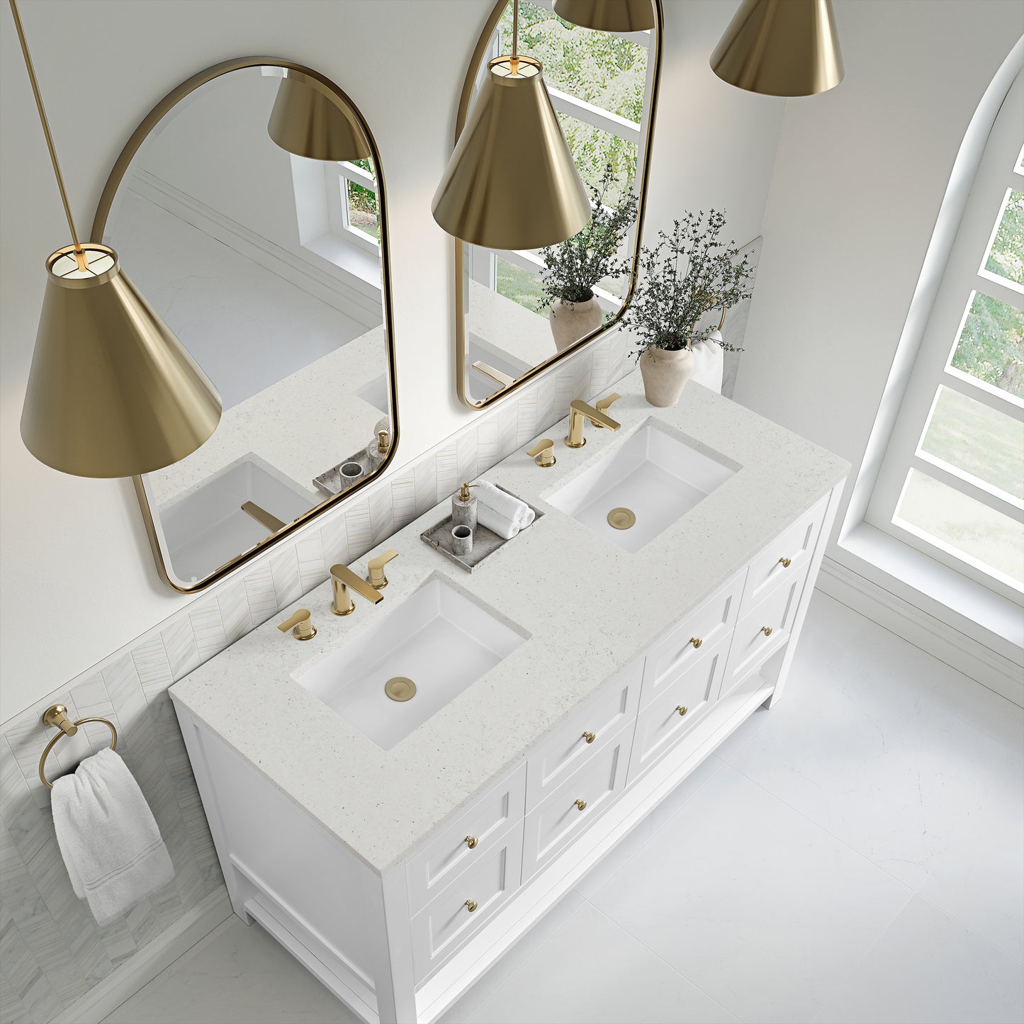 James Martin Vanities Breckenridge 60" Bright White Double Vanity With 3cm Lime Delight Quartz Top