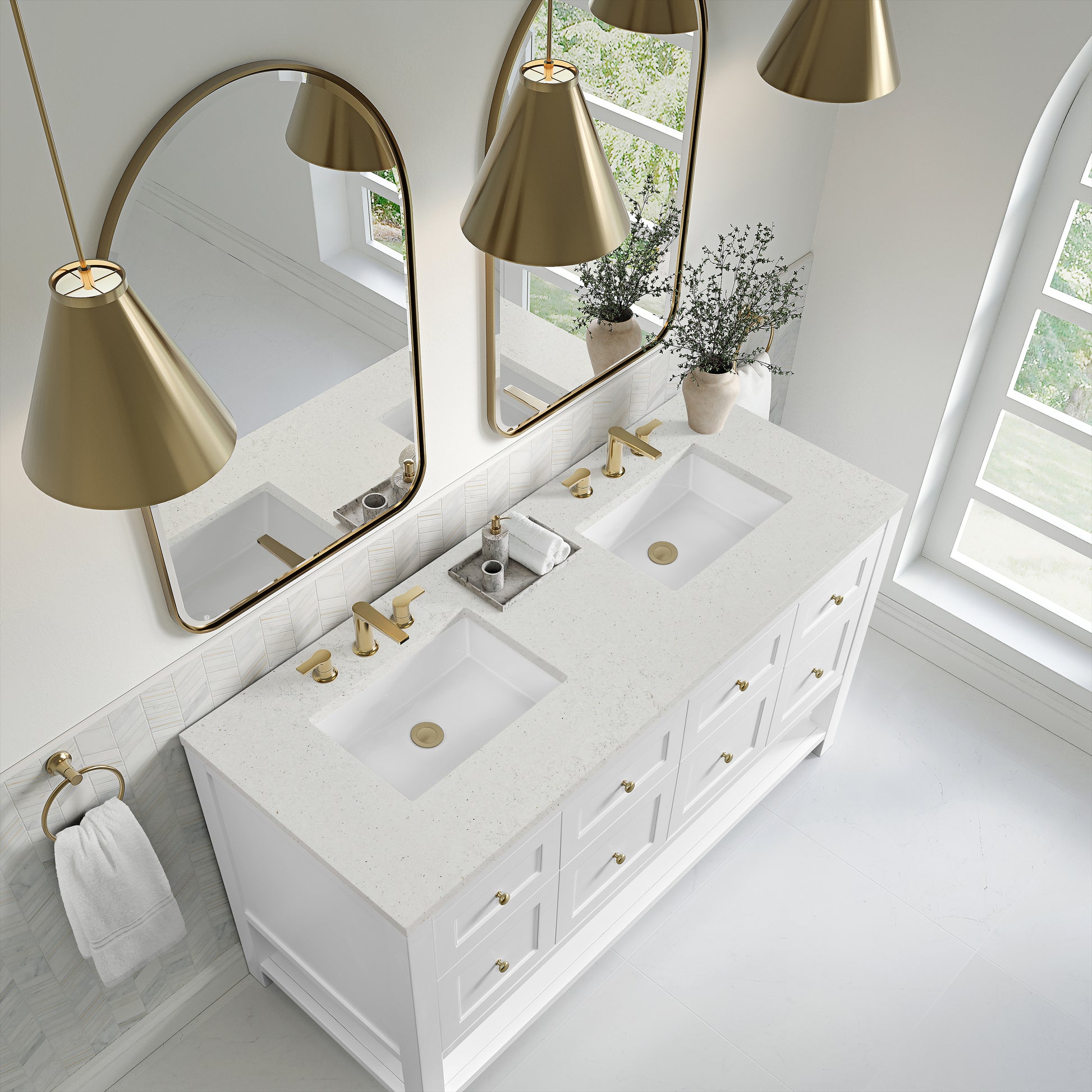 James Martin Vanities Breckenridge 60" Bright White Double Vanity With 3cm Lime Delight Quartz Top