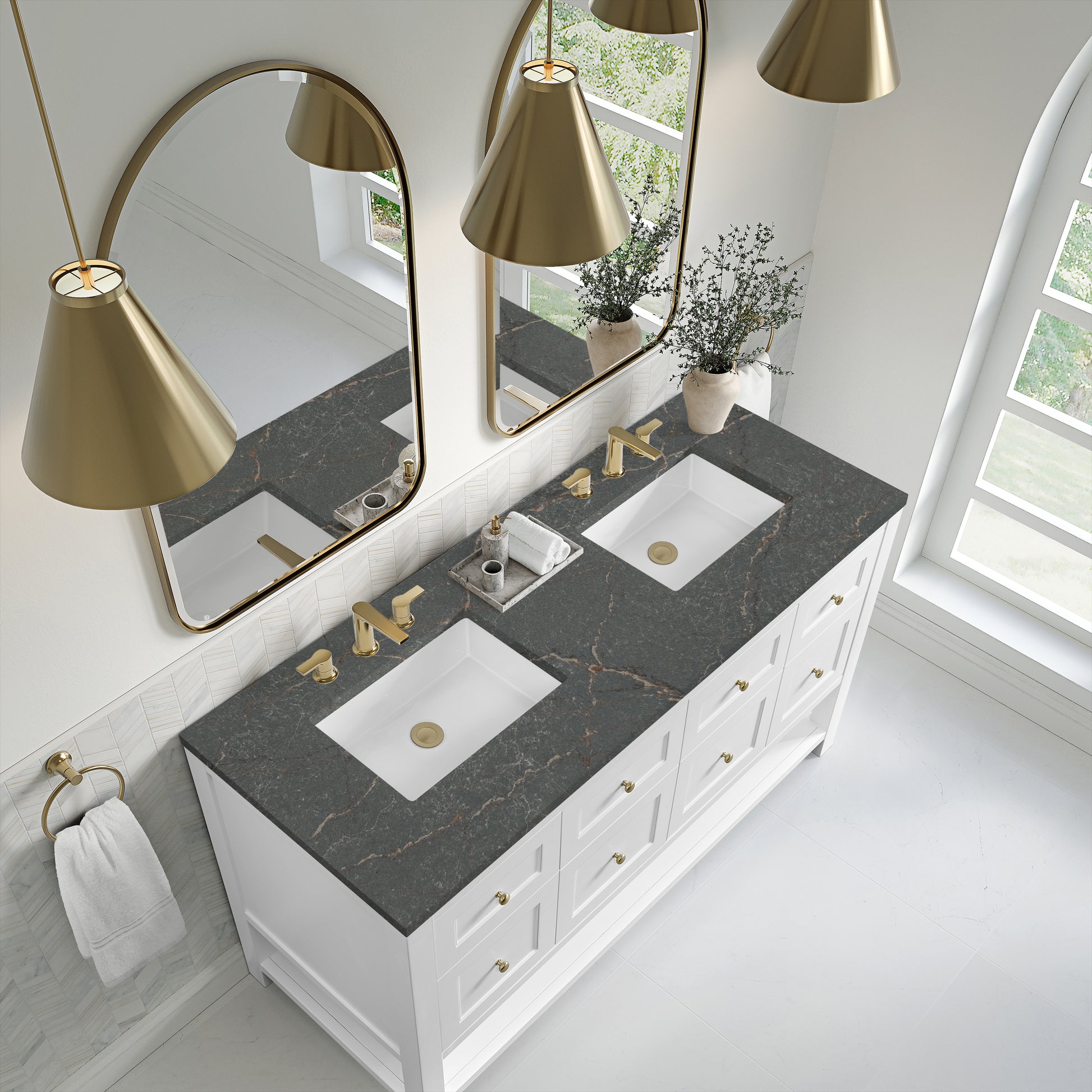 James Martin Vanities Breckenridge 60" Bright White Double Vanity With 3cm Parisien Bleu Quartz Top