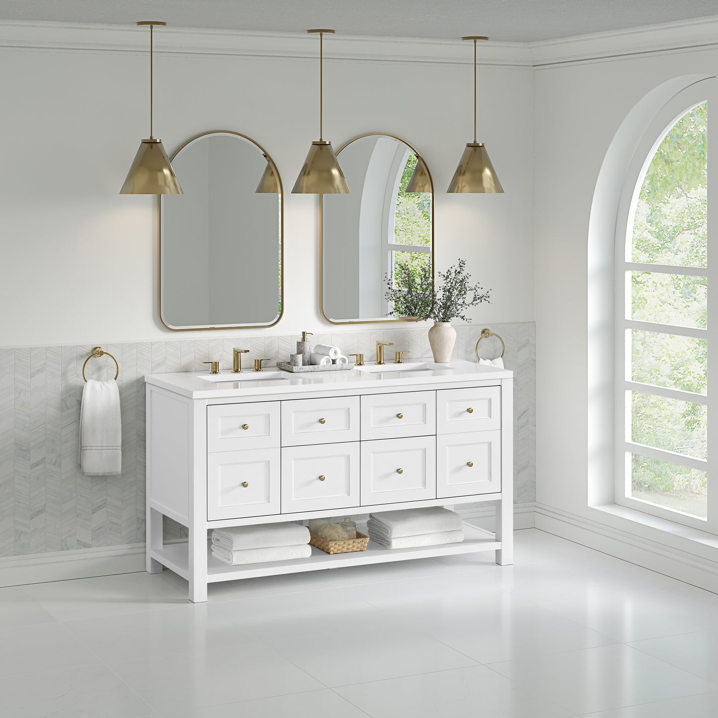 James Martin Vanities Breckenridge 60" Bright White Double Vanity With 3cm White Zeus Quartz Top
