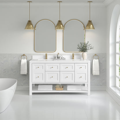 James Martin Vanities Breckenridge 60" Bright White Double Vanity With Single Hole 3cm White Zeus Quartz Top and Backsplash