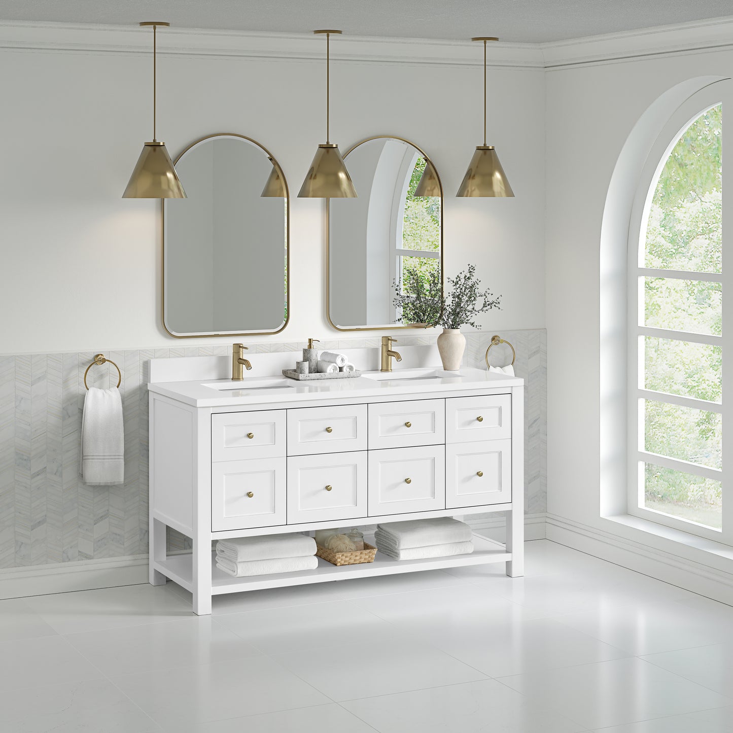 James Martin Vanities Breckenridge 60" Bright White Double Vanity With Single Hole 3cm White Zeus Quartz Top and Backsplash