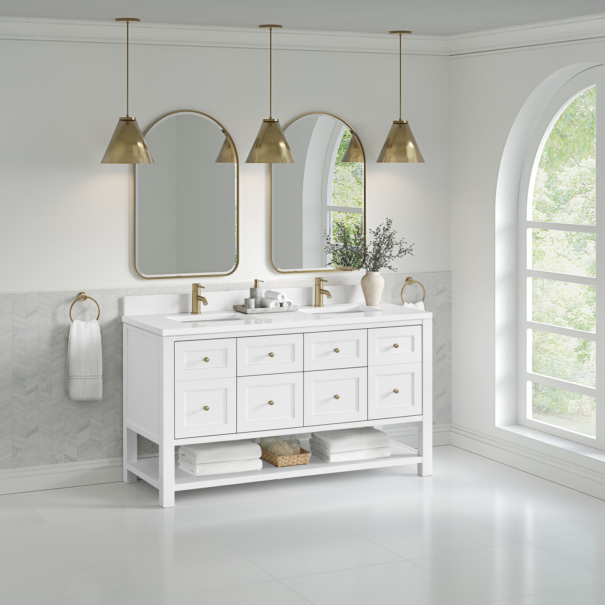 James Martin Vanities Breckenridge 60" Bright White Double Vanity With Single Hole 3cm White Zeus Quartz Top and Backsplash