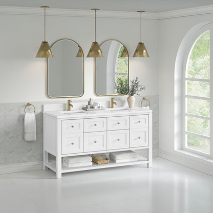 James Martin Vanities Breckenridge 60" Bright White Double Vanity With Single Hole 3cm White Zeus Quartz Top and Backsplash