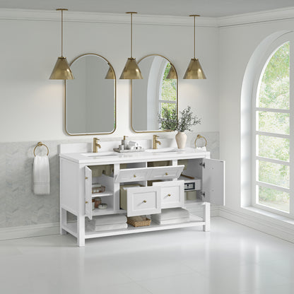 James Martin Vanities Breckenridge 60" Bright White Double Vanity With Single Hole 3cm White Zeus Quartz Top and Backsplash
