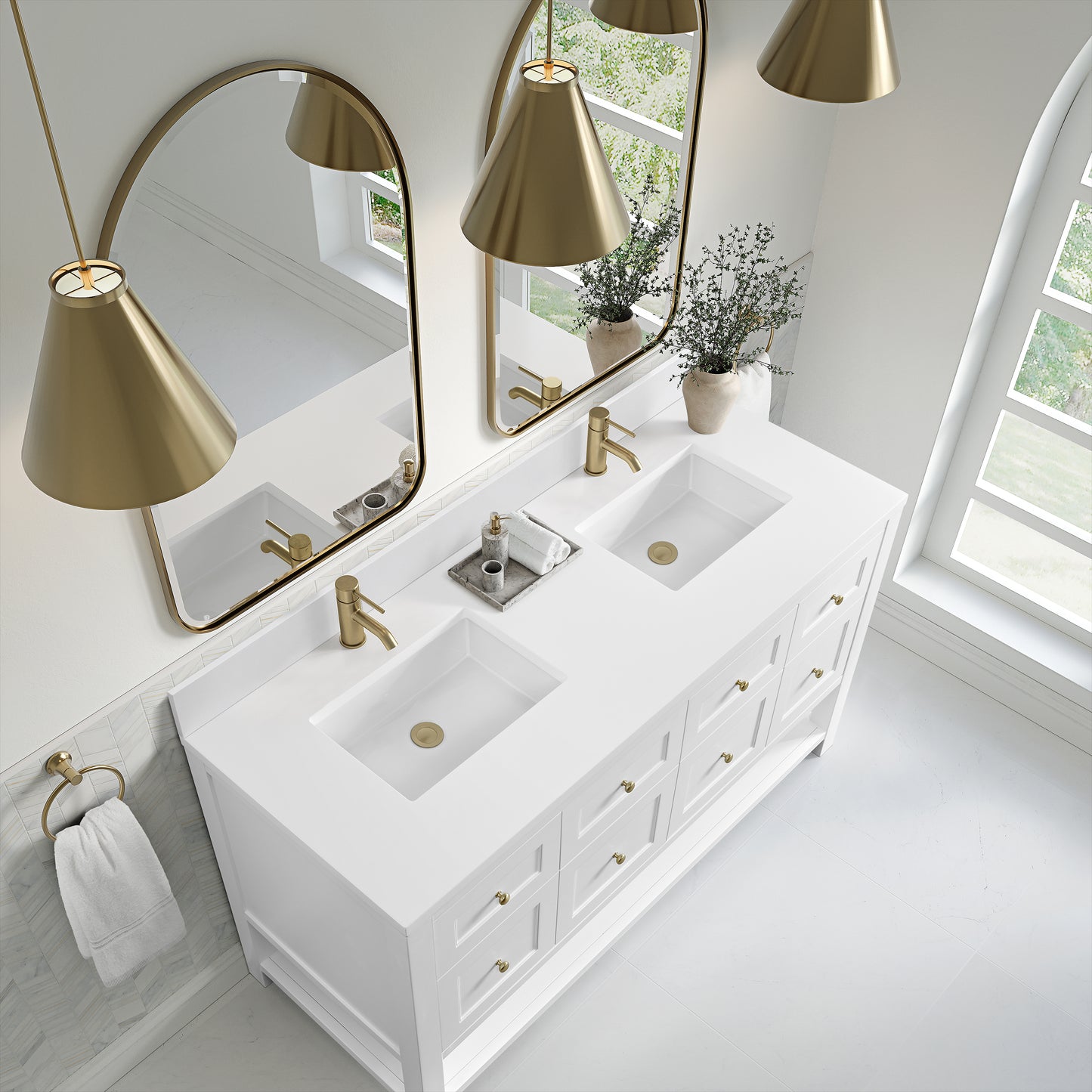 James Martin Vanities Breckenridge 60" Bright White Double Vanity With Single Hole 3cm White Zeus Quartz Top and Backsplash