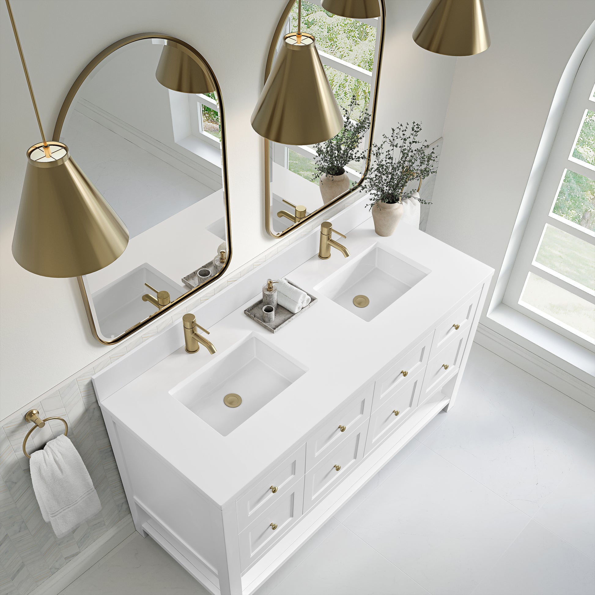 James Martin Vanities Breckenridge 60" Bright White Double Vanity With Single Hole 3cm White Zeus Quartz Top and Backsplash