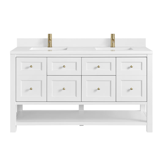James Martin Vanities Breckenridge 60" Bright White Double Vanity With Single Hole 3cm White Zeus Quartz Top and Backsplash