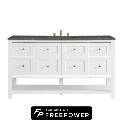 James Martin Vanities Breckenridge 60" Bright White Single Vanity Cabinet With 3cm Parisien Bleu Top With FreePower Wireless Charger