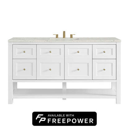 James Martin Vanities Breckenridge 60" Bright White Single Vanity With 3cm Victorian Silver Silestone Top With FreePower Wireless Charger